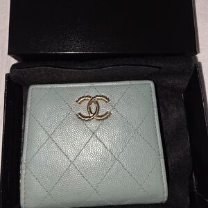 CHANEL Mint Green Quilted Small Wallet with Gold CC